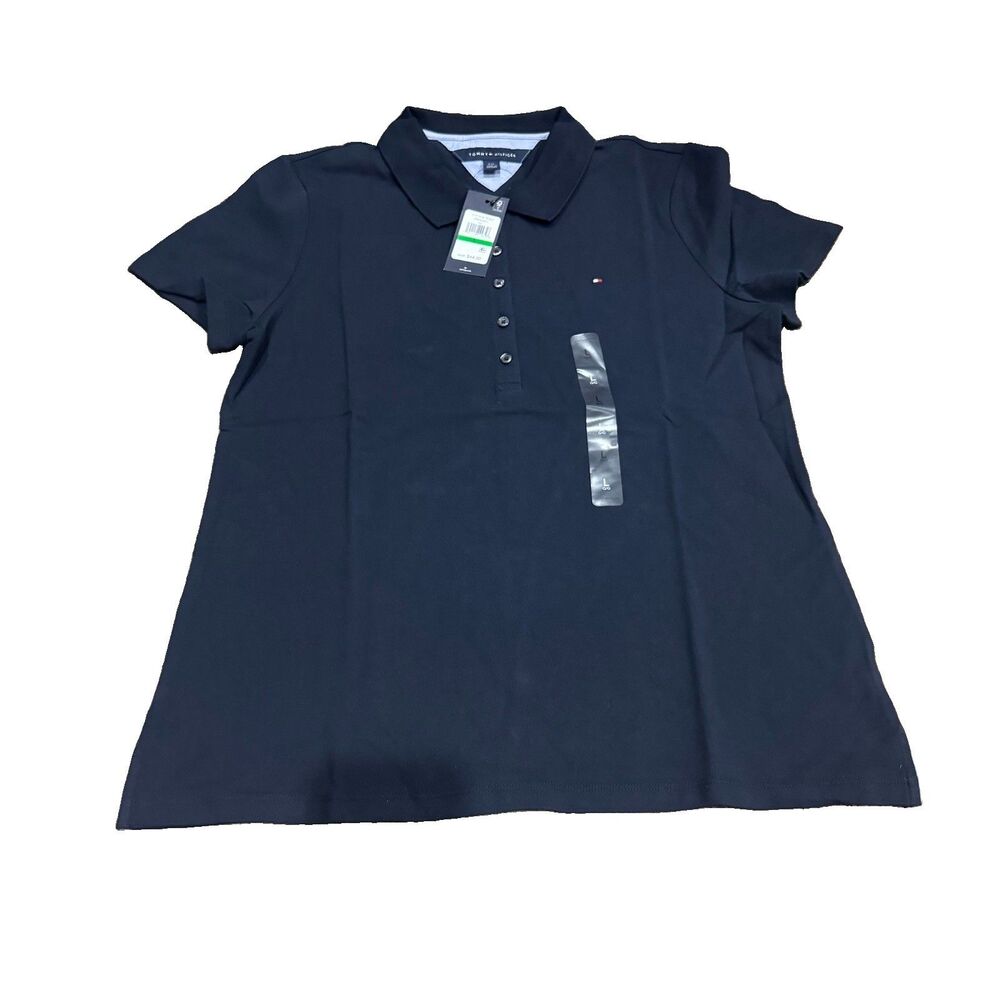 Tommy Hilfiger womens L Navy Solid Short Sleeve Polo Shirt Regular Fit
